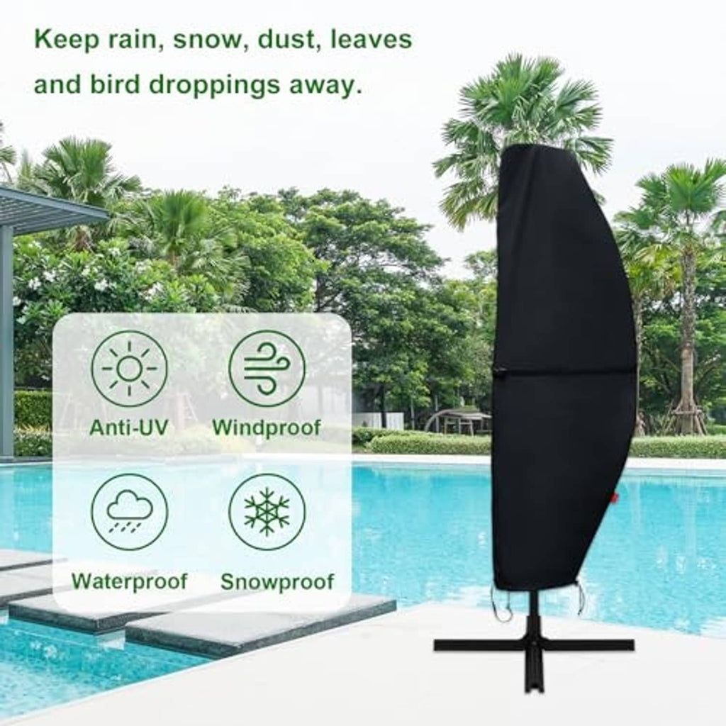 Black umbrella cover on patio stand with protective waterproof and windproof features