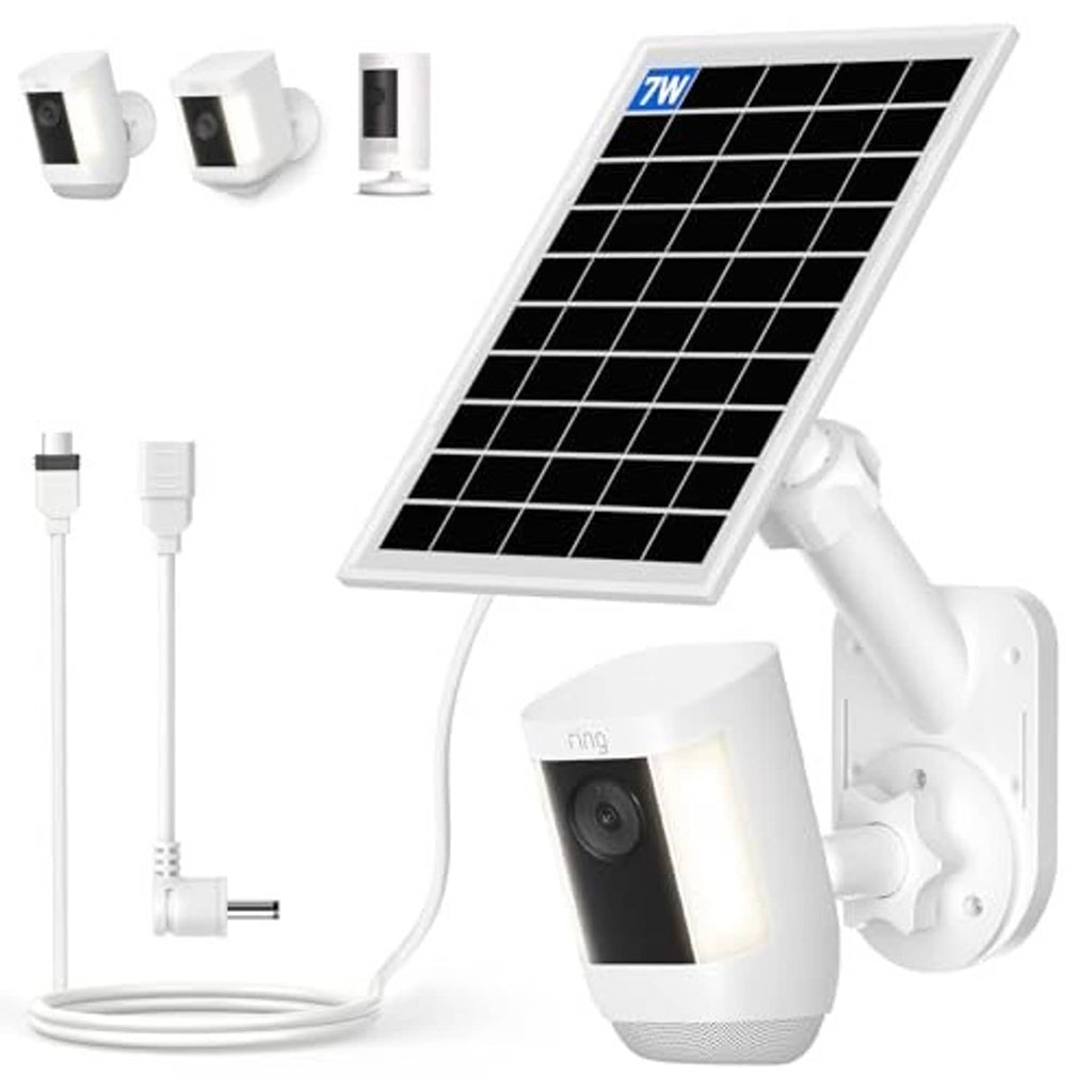 White 7W solar panel charger with wall-mounted outdoor camera and power cables