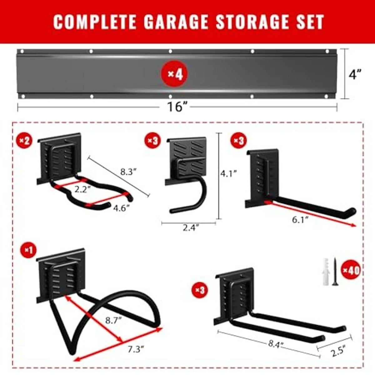 Complete garage storage set with four wall rails, multiple U-hooks, and accessory brackets