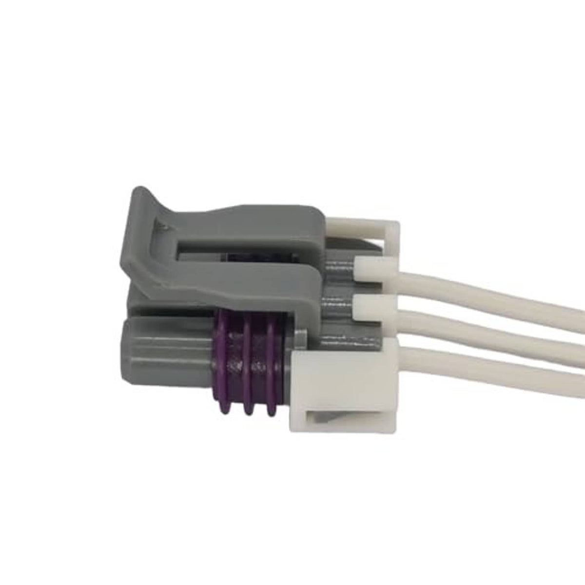 4-pin throttle sensor connector with white pigtail wires and purple cable segment