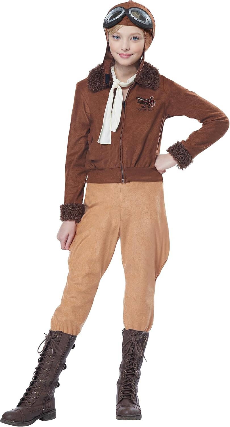Unisex child aviator costume: brown zip jacket, tan pants, aviator goggles hat