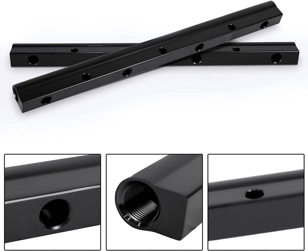 Black billet fuel rail bars showing port holes, angled ends, and close-up texture
