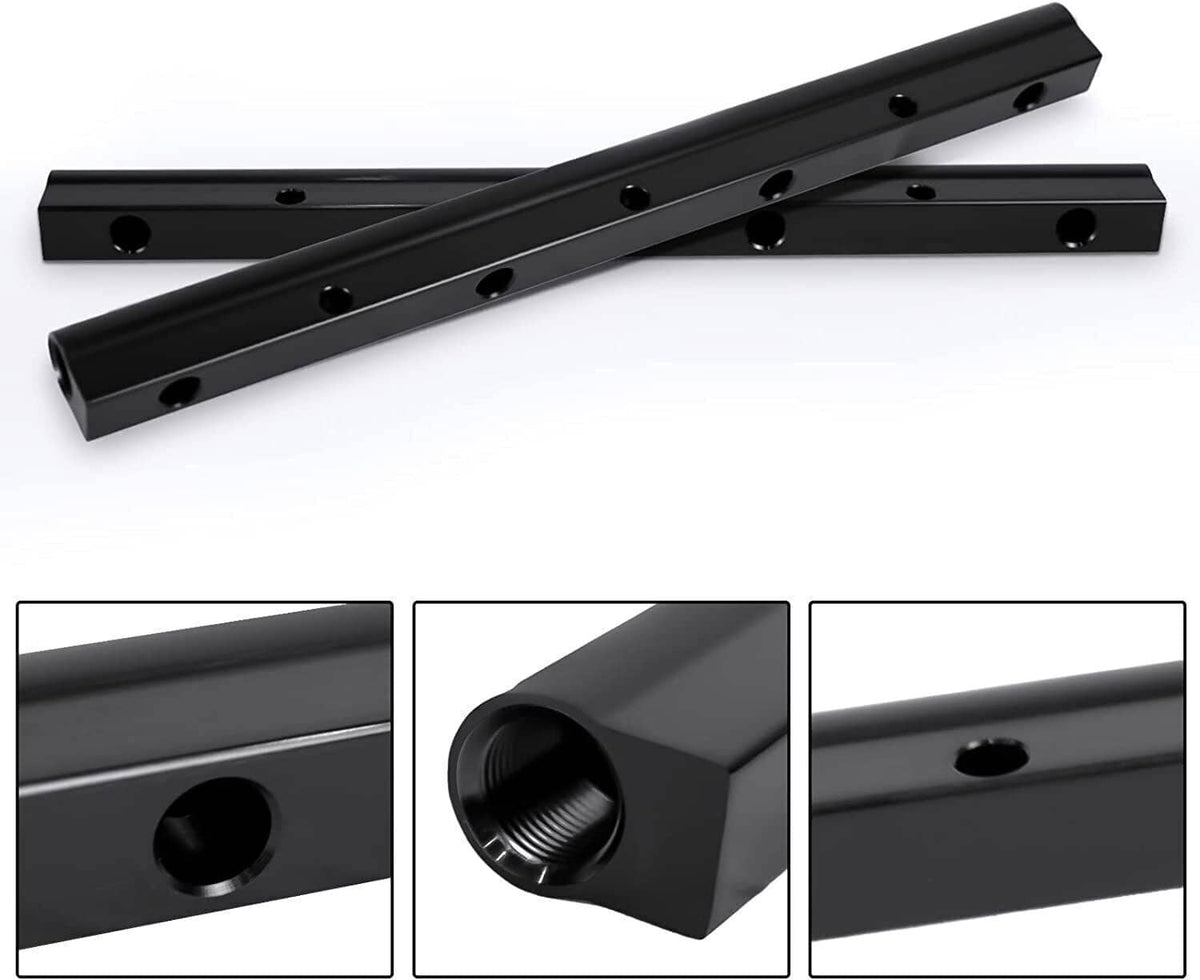Black billet fuel rail bars showing port holes, angled ends, and close-up texture