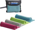 Cooling towel 4-pack in teal, bright green, pink, and light gray with black carry bag