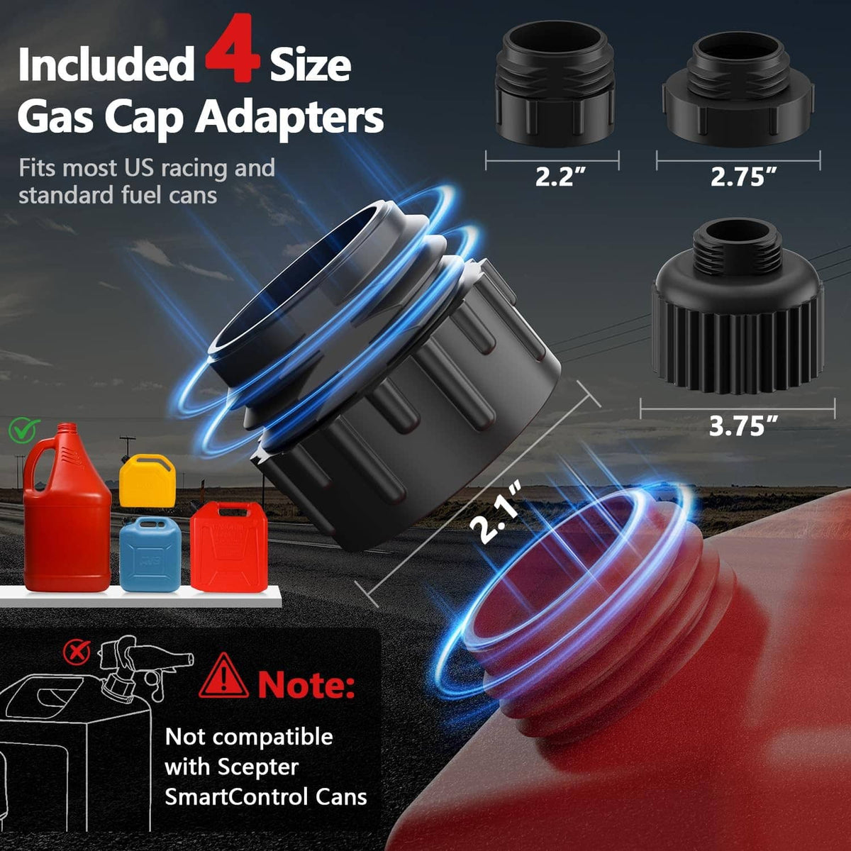 Red electric fuel transfer pump with included gas cap adapters and measurement labels