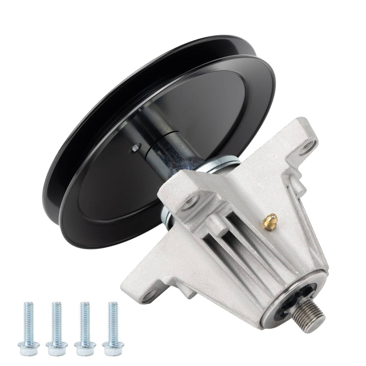 Deck spindle assembly with black pulley, silver bracket and threaded shaft, bolts included