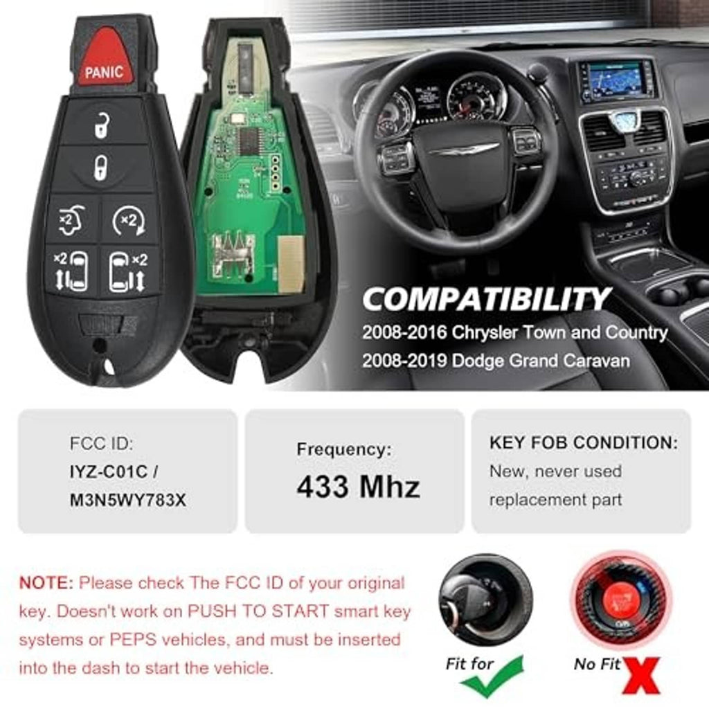 Black key fob with red PANIC, open case showing green circuit board interior