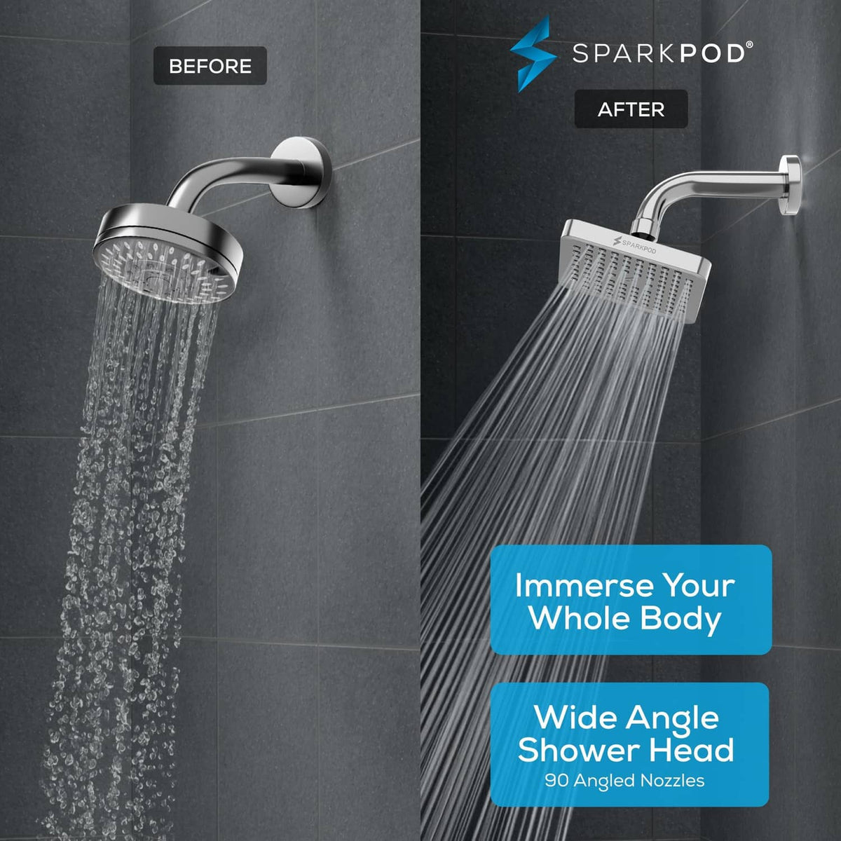 Polished chrome square rain shower head with wide water spread