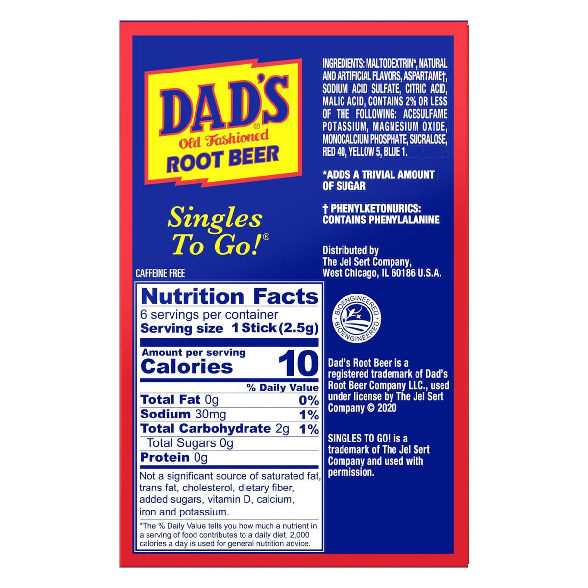 Dad's root beer zero sugar drink mix back label with nutrition facts and serving info
