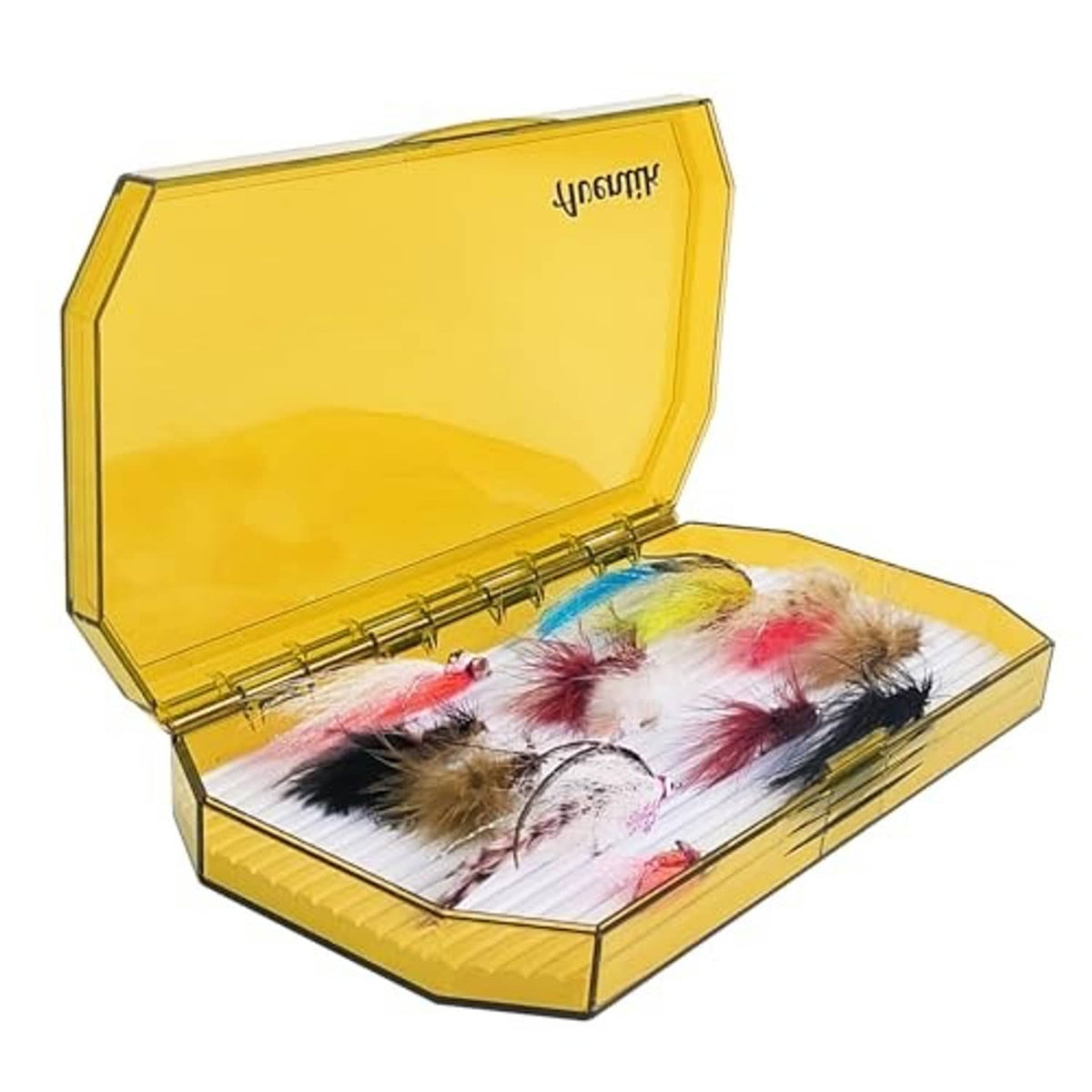 Yellow clear-lid fly box with open compartments holding colorful feather flies