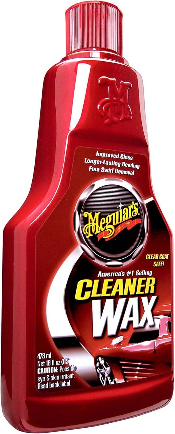 Red cleaner wax bottle with ridged cap and yellow-and-black front label