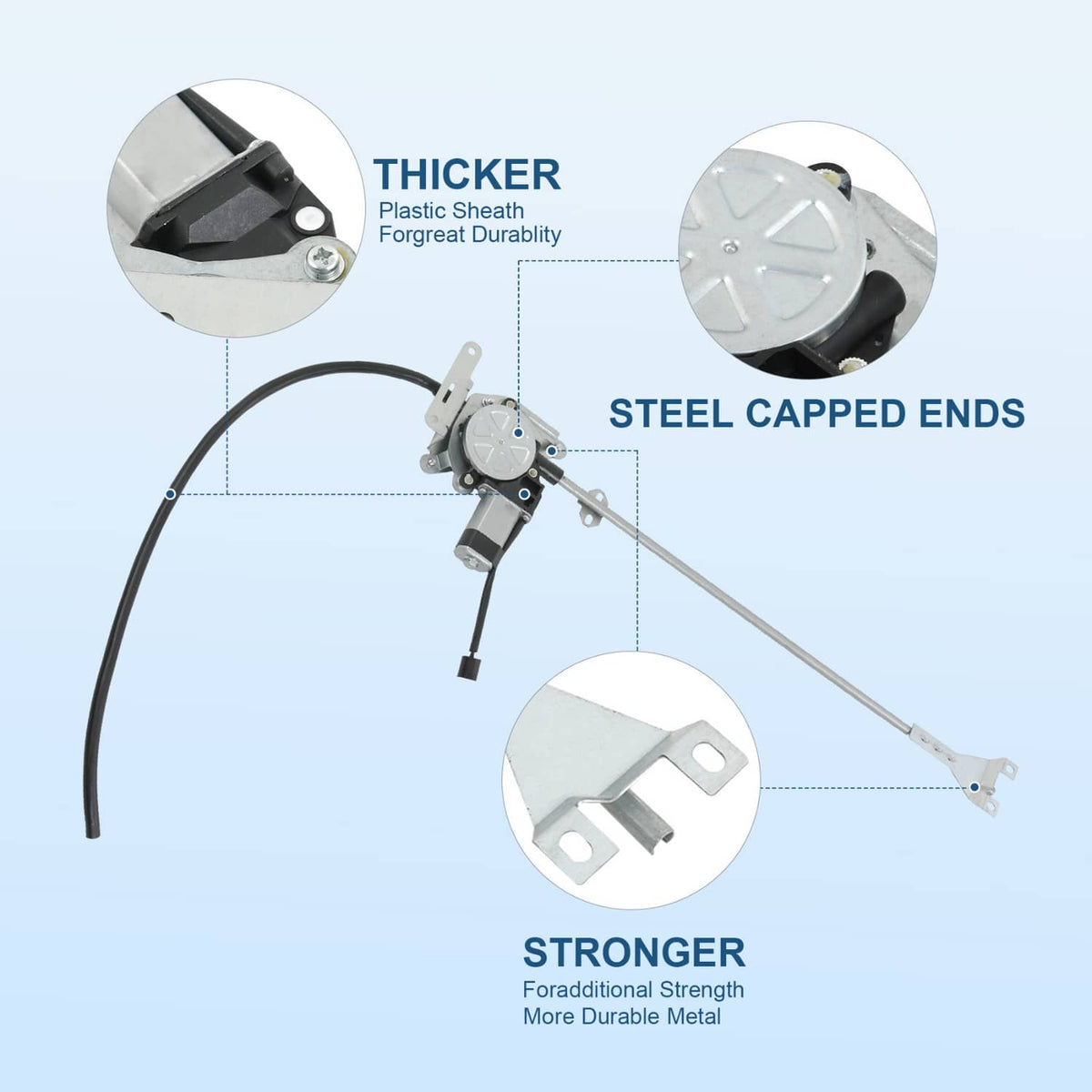 Power window regulator motor with cable, plastic sheath, and steel-capped ends