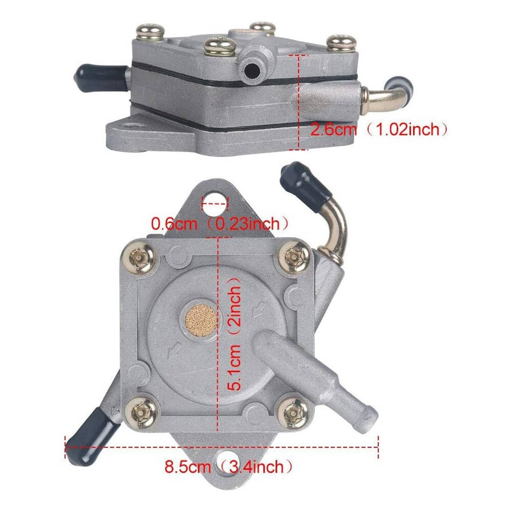 Fuel pump assembly with metal housing, inlet fitting, and black rubber hose tips