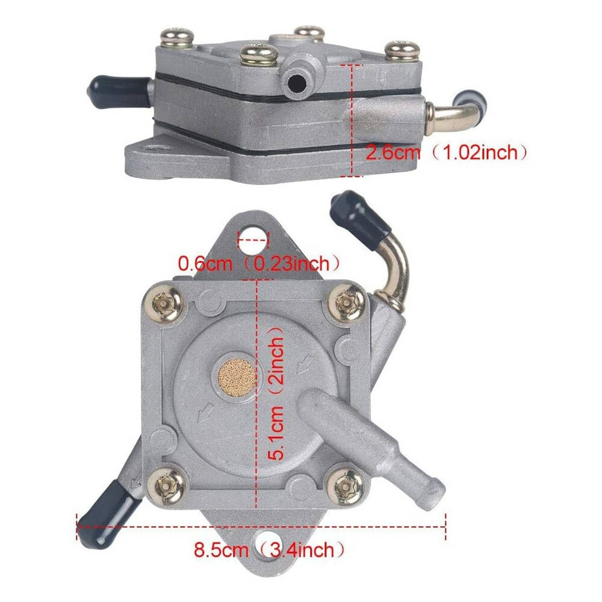 Fuel pump assembly with metal housing, inlet fitting, and black rubber hose tips