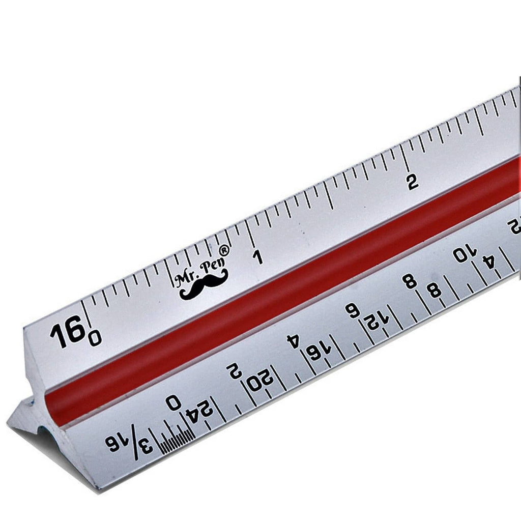 Architectural scale ruler with white body and red strip, close-up of the end and inch scale