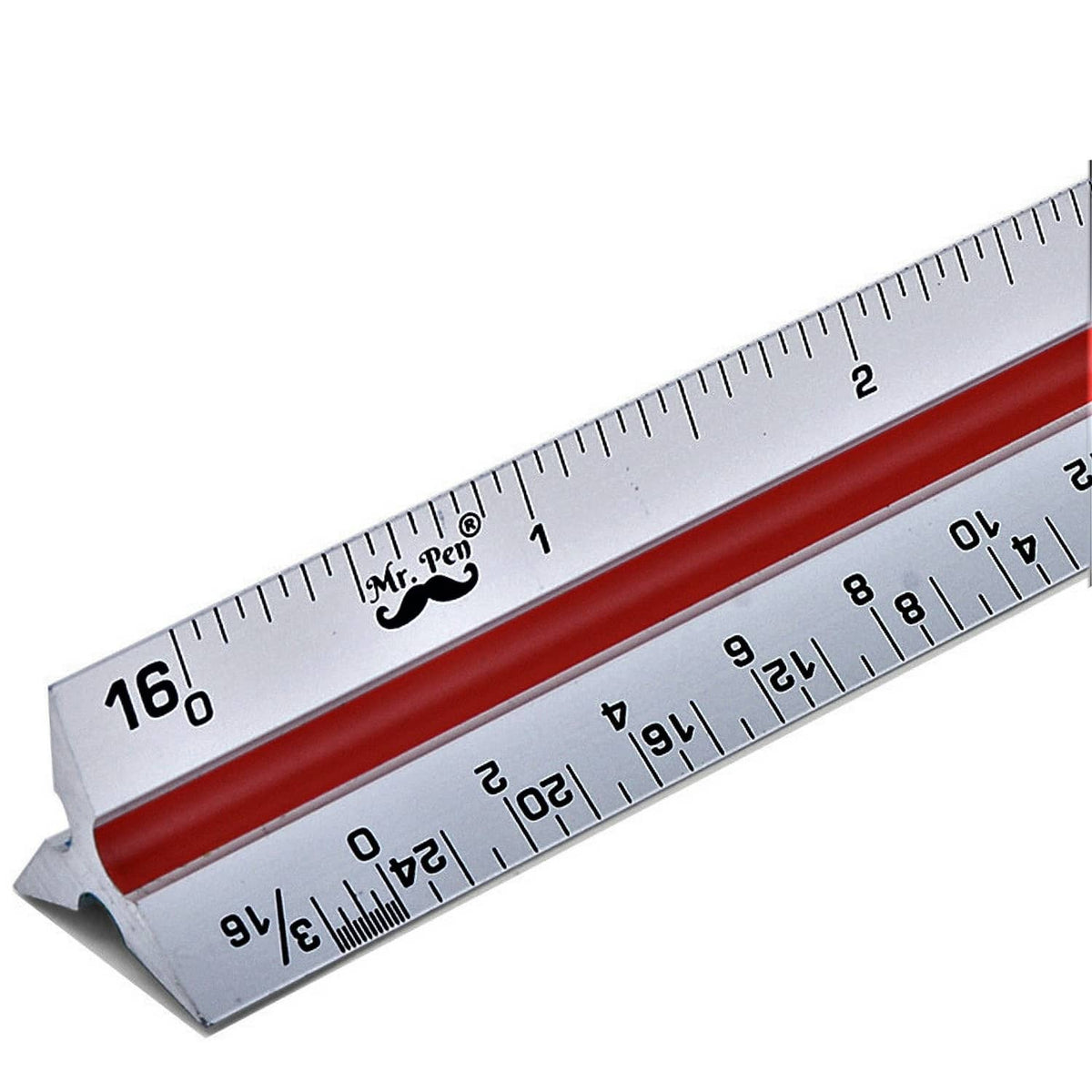 Architectural scale ruler with white body and red strip, close-up of the end and inch scale