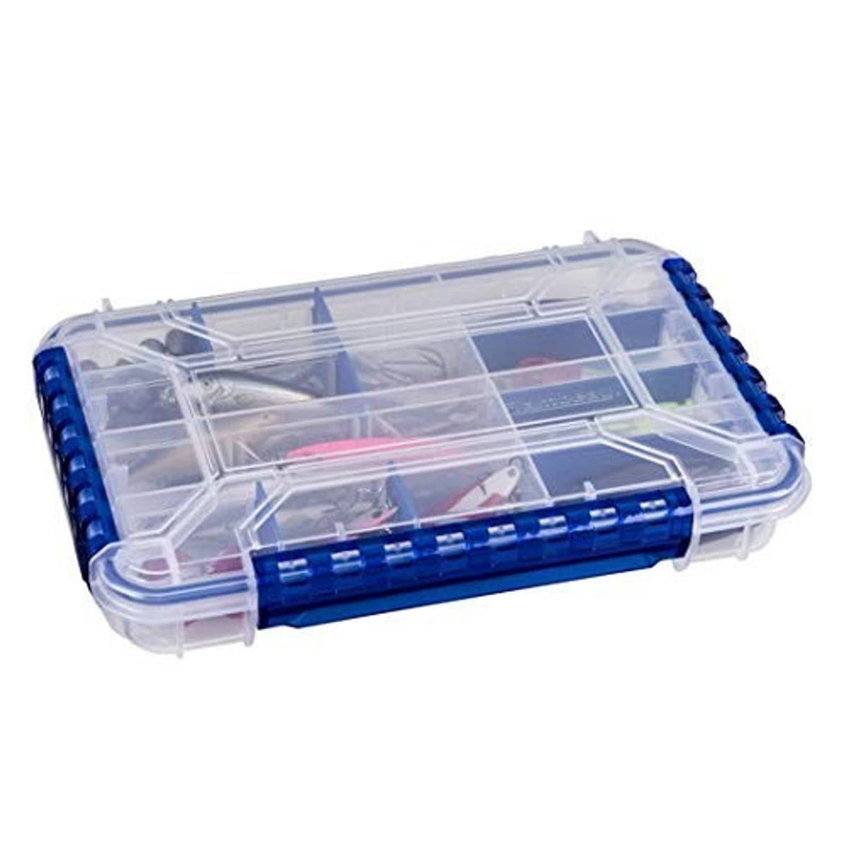 Waterproof fishing tackle organizer box, transparent case with blue rim and multi-compartment dividers.