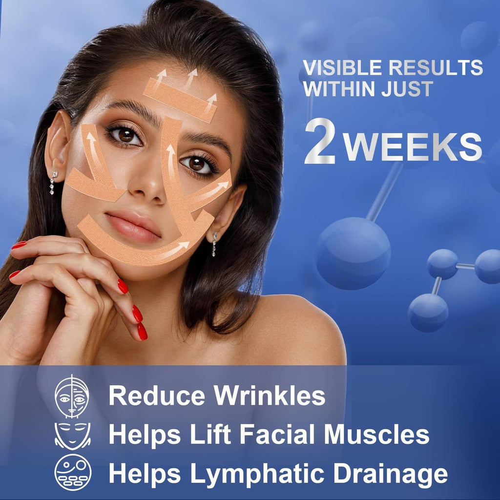 Beige face tape strips on a person, lifting across cheeks and forehead