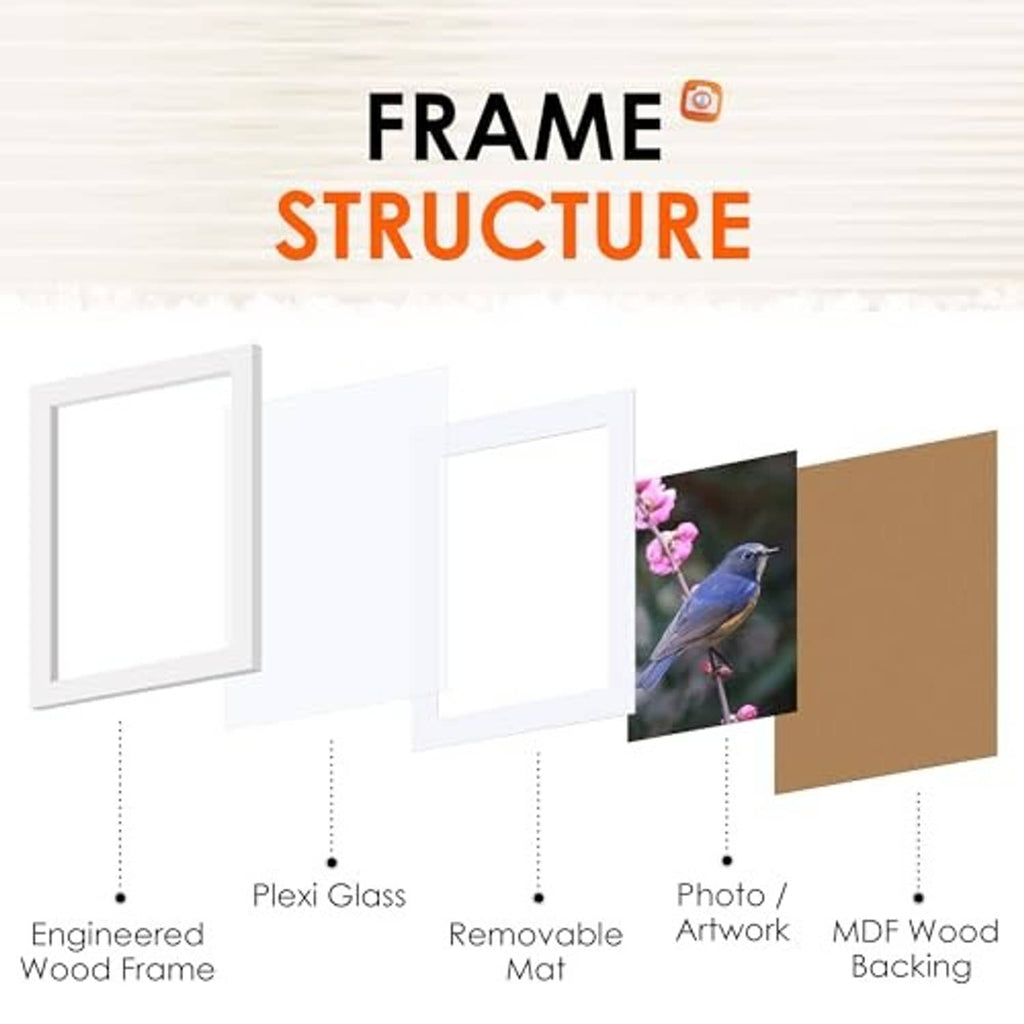 White 5x7 picture frame structure: plexiglass, removable mat, MDF backing