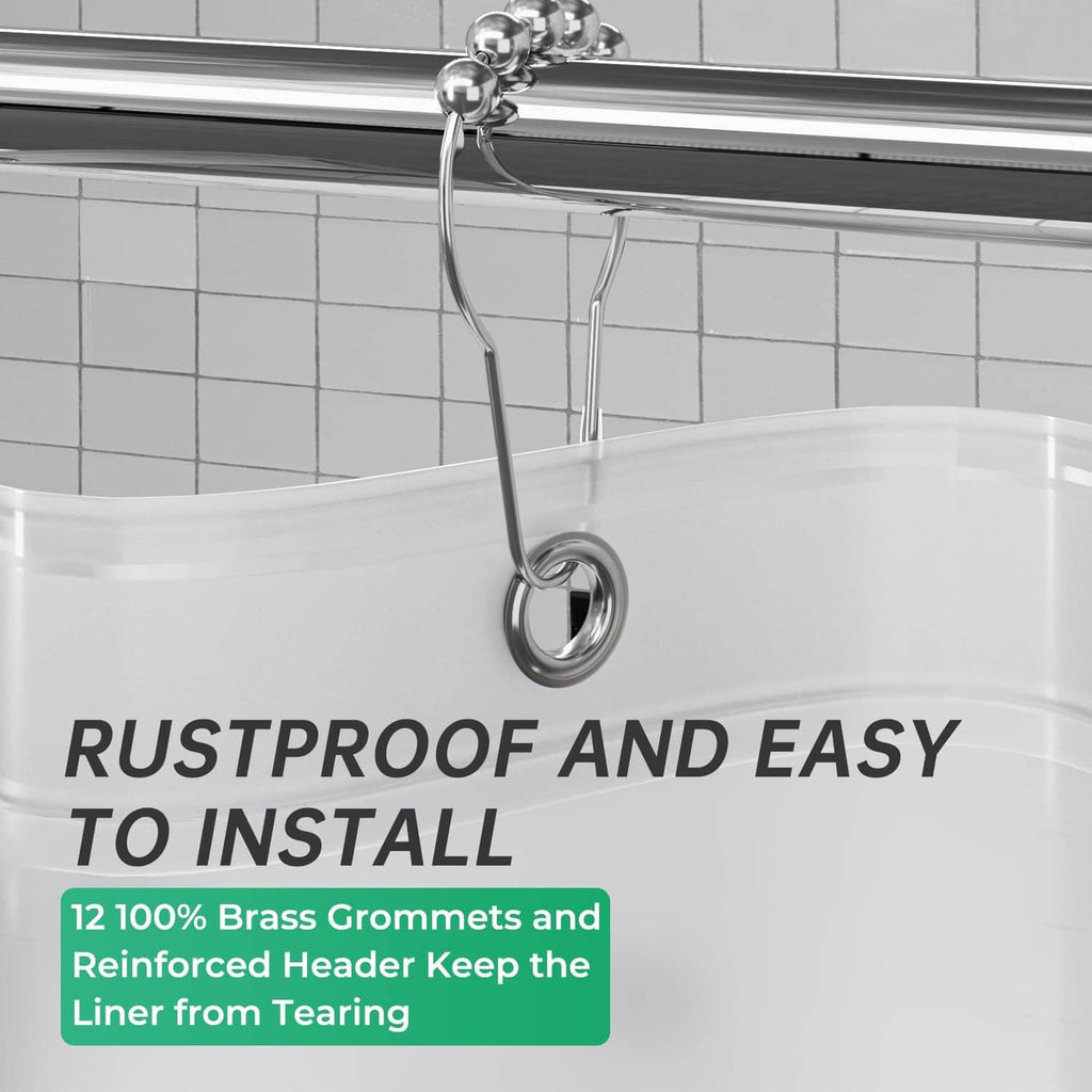 White shower curtain liner with rustproof grommets and reinforced header