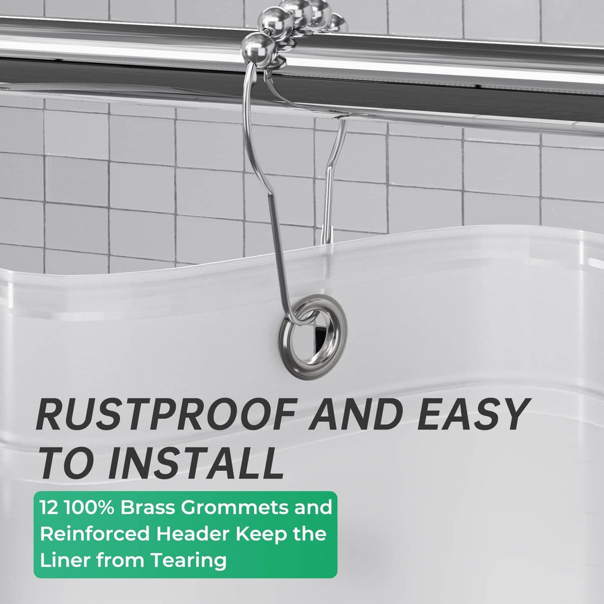 White shower curtain liner with rustproof grommets and reinforced header