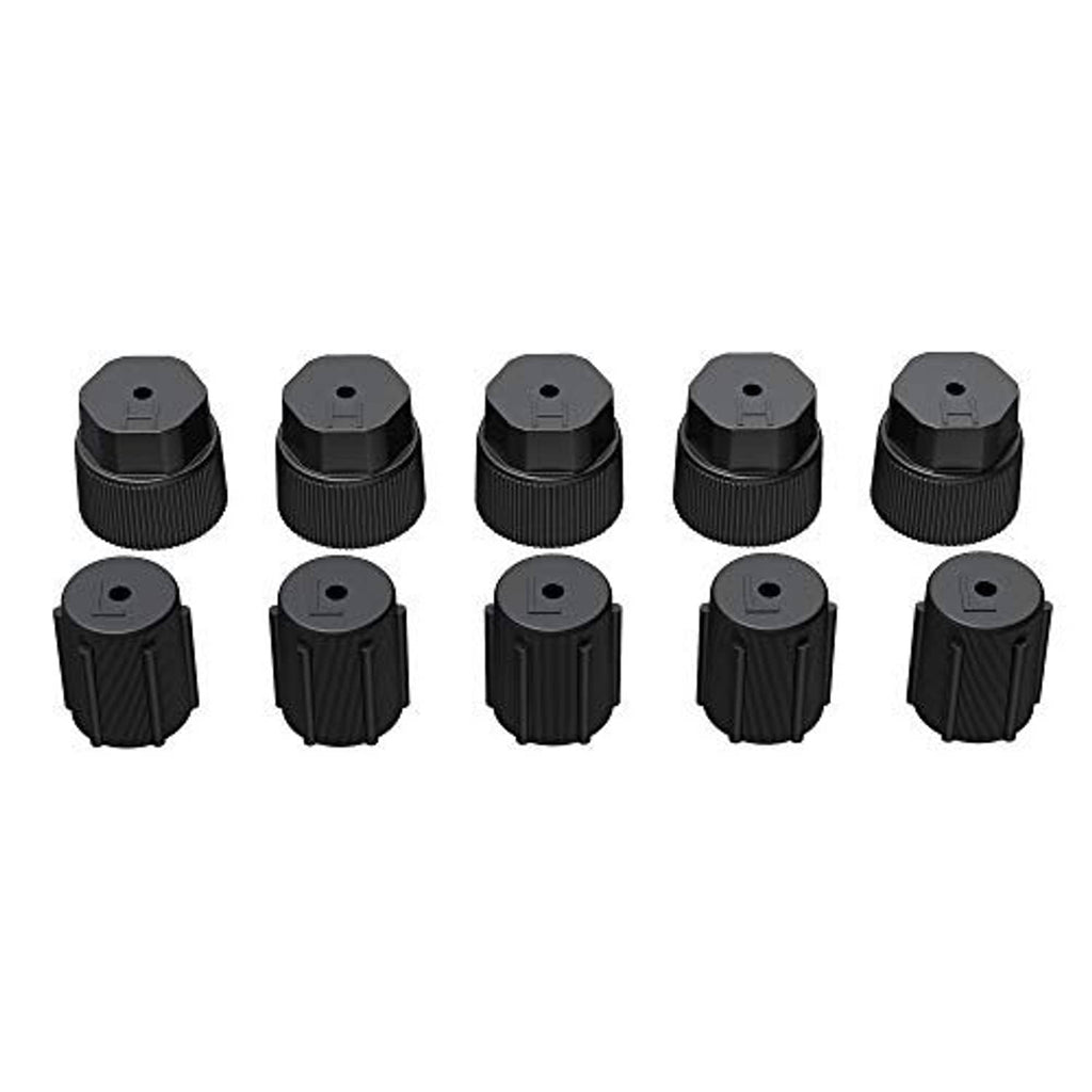10-pack black AC valve caps with hex top and ribbed outer grip, protective covers