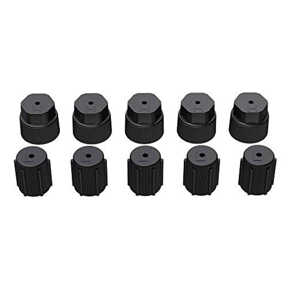 10-pack black AC valve caps with hex top and ribbed outer grip, protective covers