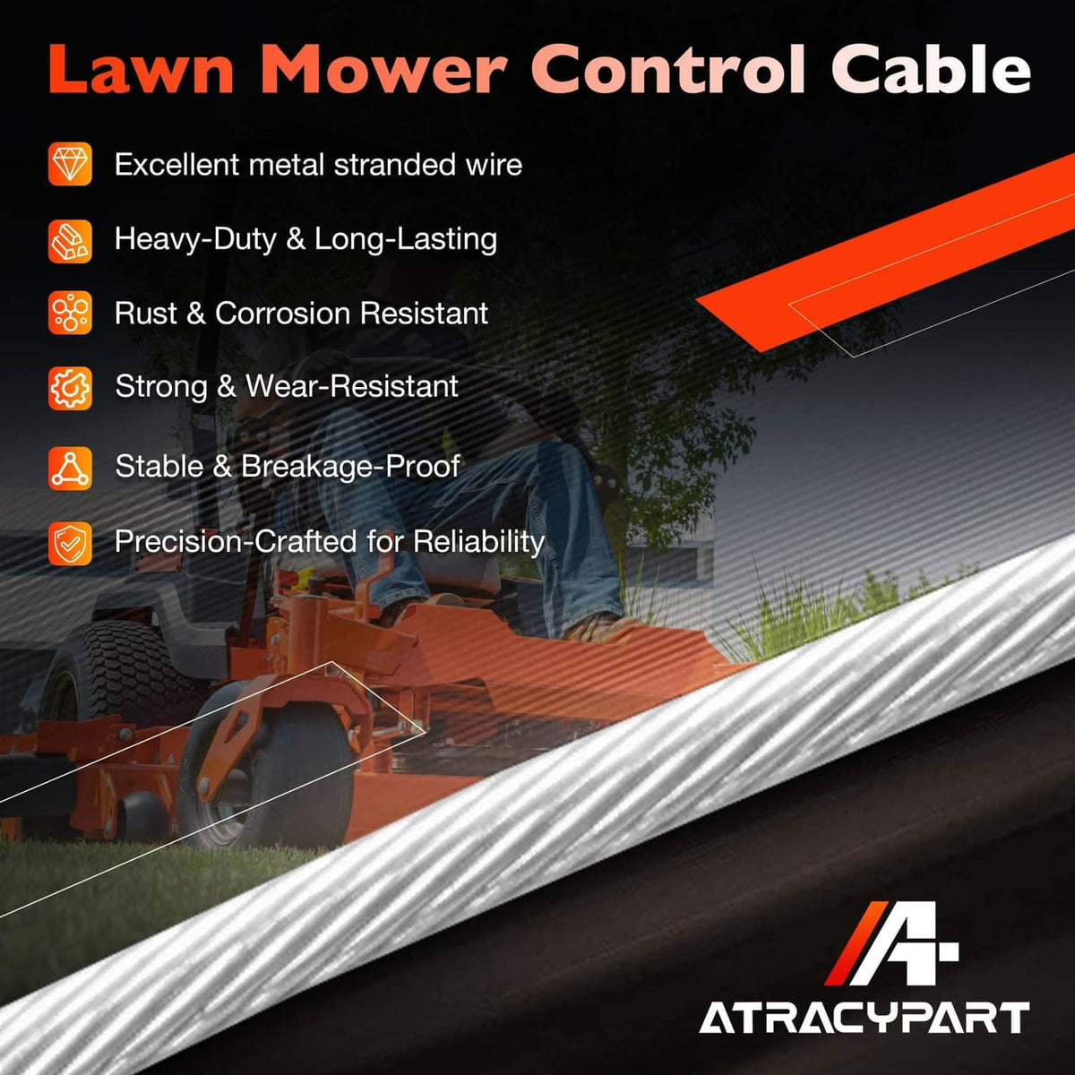 Lawn mower control cable with black sheath, brass connector, and spring return tip
