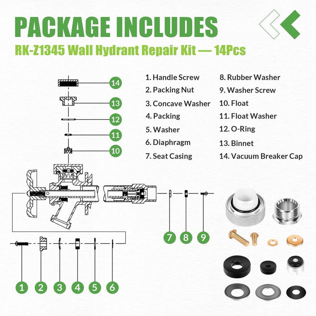 Wall hydrant repair kit diagram showing numbered components and included hardware