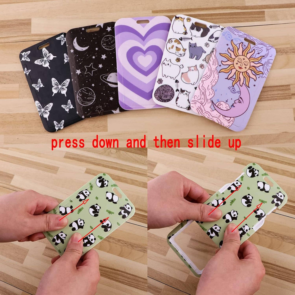 Cat-print ID card holders with matching lanyards, shown being adjusted