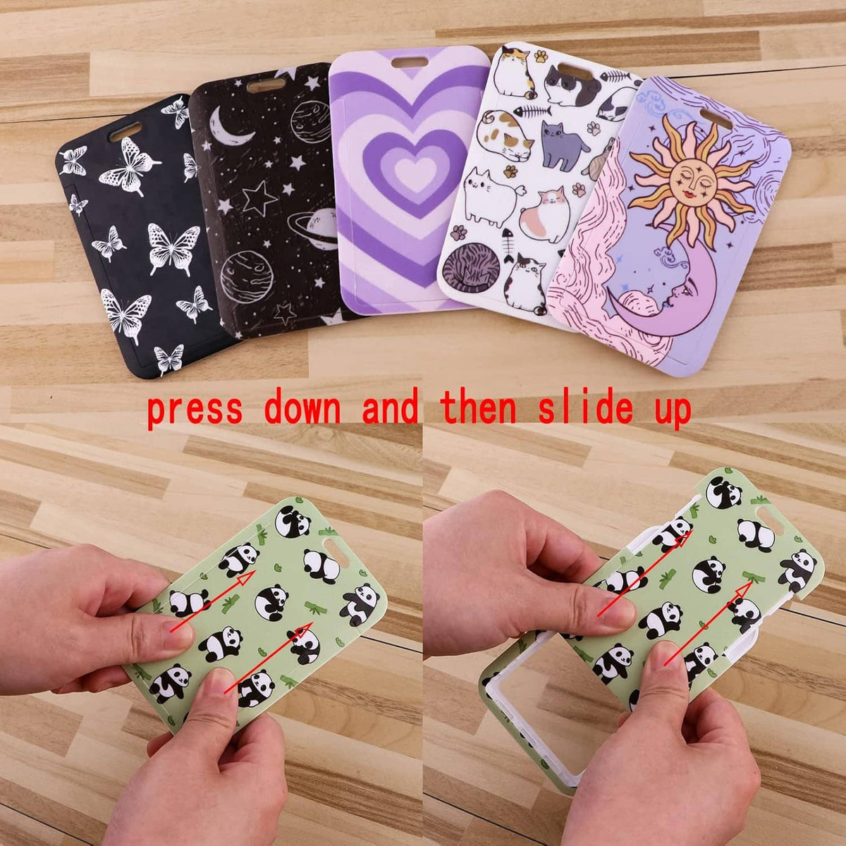 Cat-print ID card holders with matching lanyards, shown being adjusted