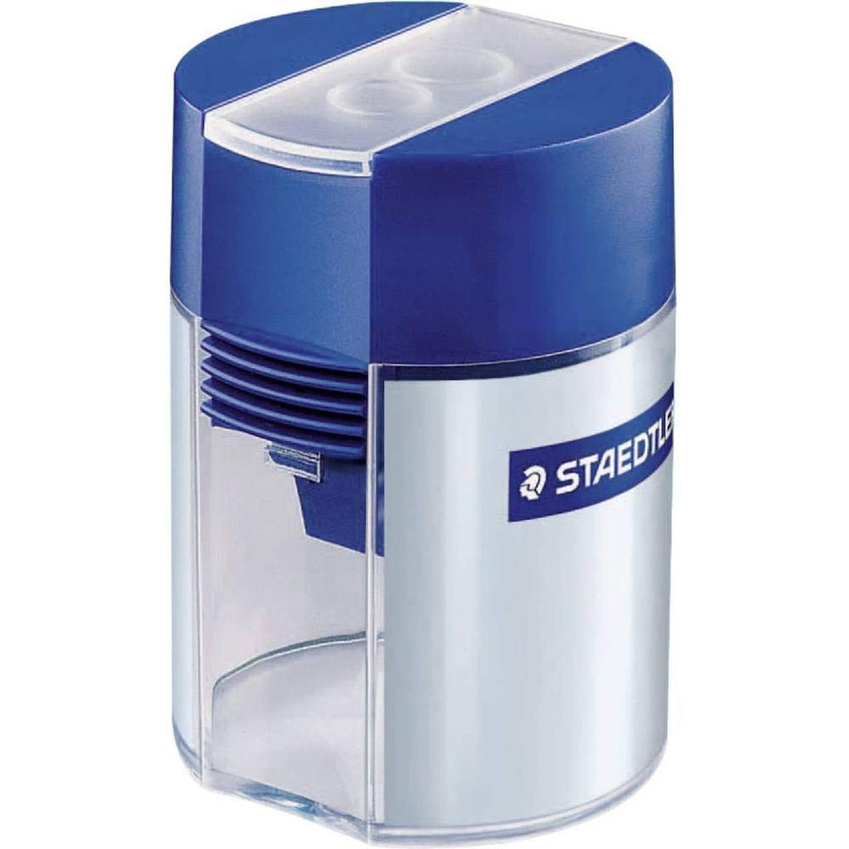 Staedtler double-hole pencil sharpener angled view, blue lid and stainless body