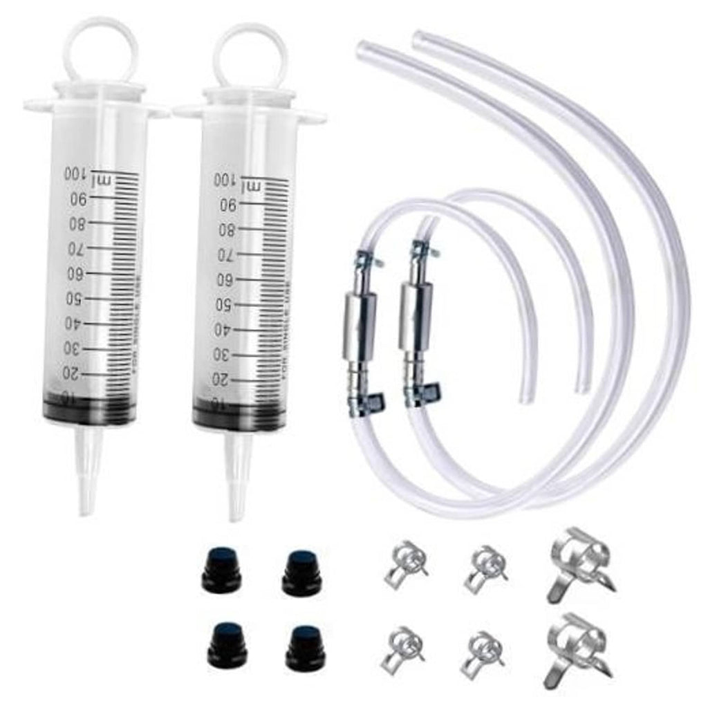 Brake bleeder kit with two clear syringes, two hoses, and metal valve fittings