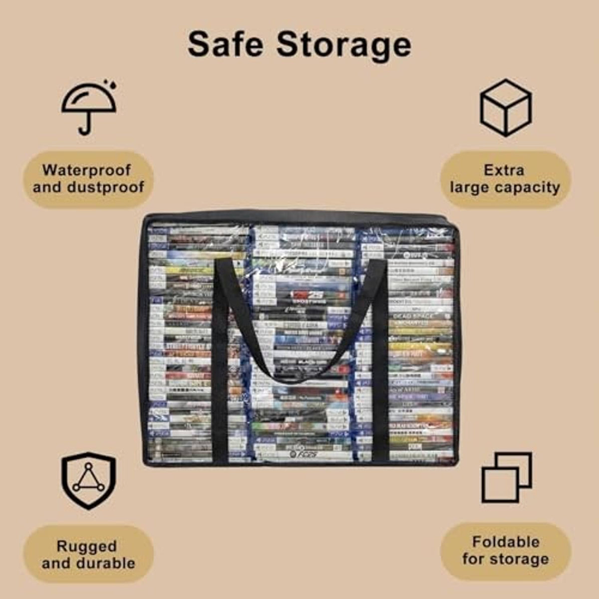 Black CD/DVD storage bag with clear window panel and black zipper for disc protection