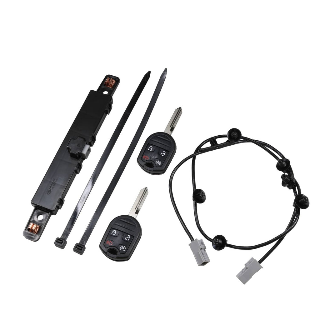 Remote car start key fobs, antenna-style wiring harness, and mounting rails with clips