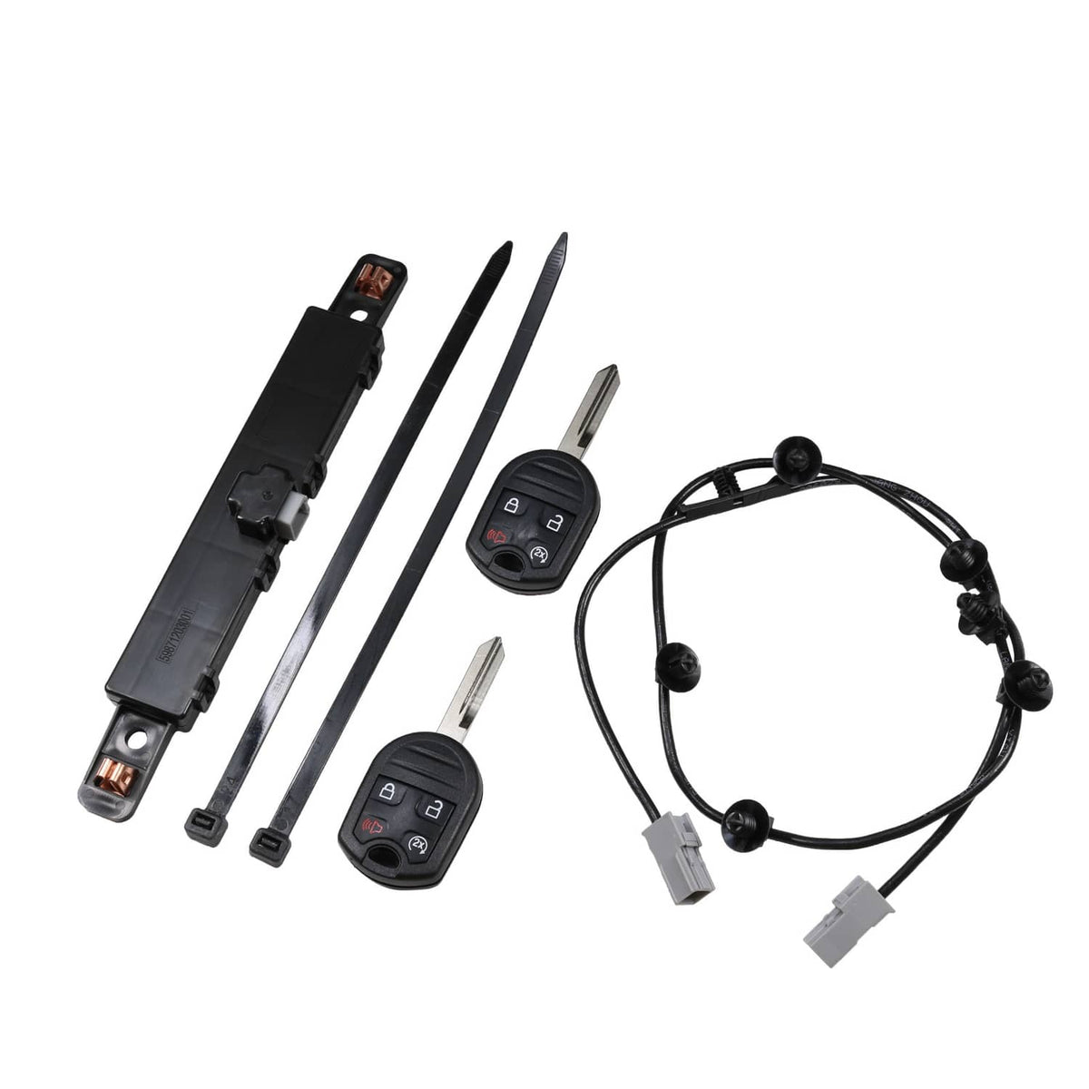 Remote car start key fobs, antenna-style wiring harness, and mounting rails with clips