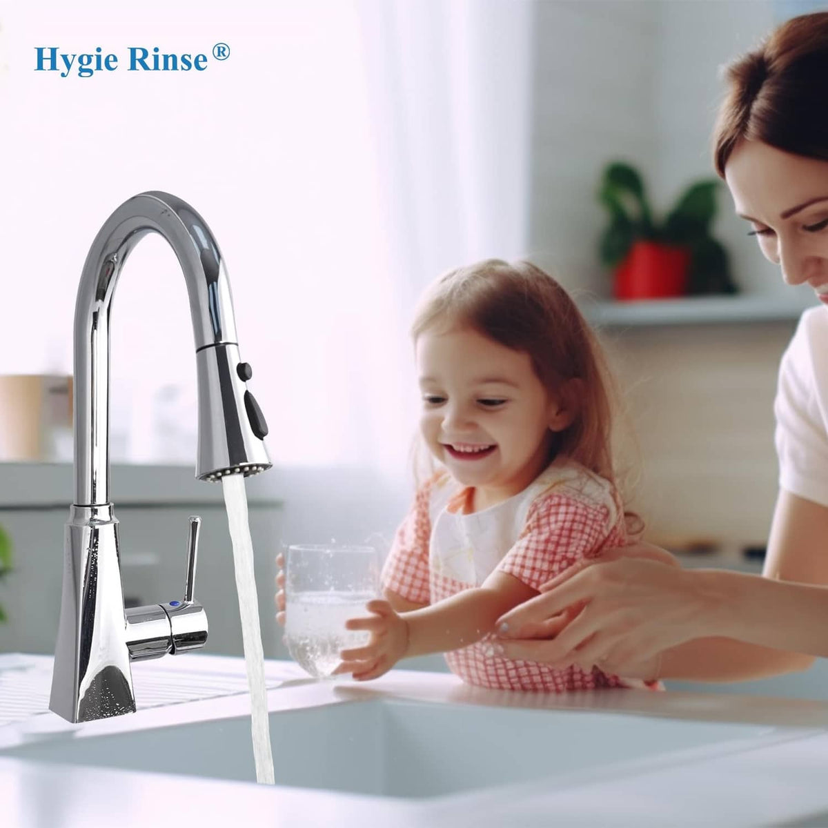 Chrome kitchen faucet with attached sprayer head delivering a steady water stream