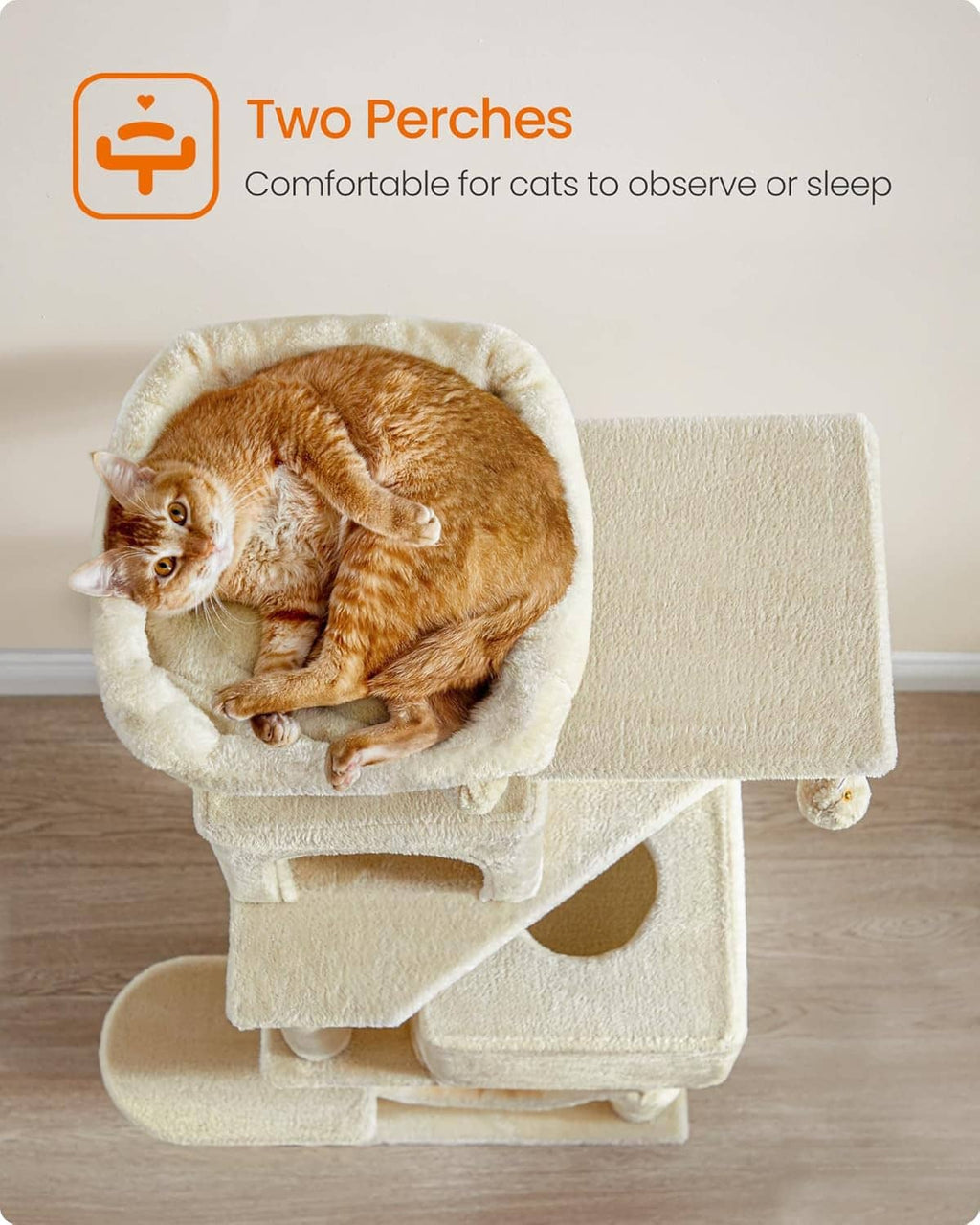 Plush cat hammock perch with circular nest cushion and scratching platforms