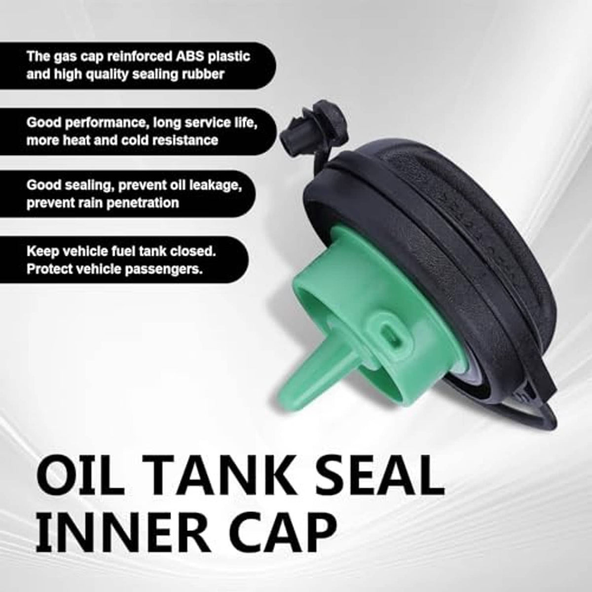 Oil tank seal inner cap, black housing with green base and attached sealing tube