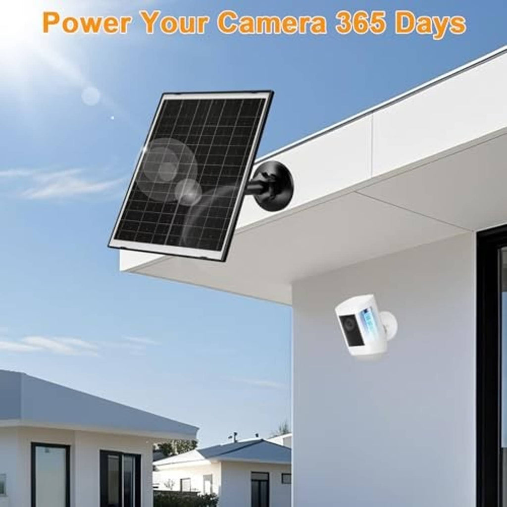 Solar panel charger mounted under an eave with a wall camera-style unit