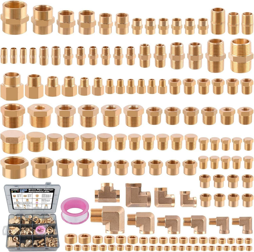 Brass NPT pipe fittings assortment kit with mixed connectors and threaded adapters