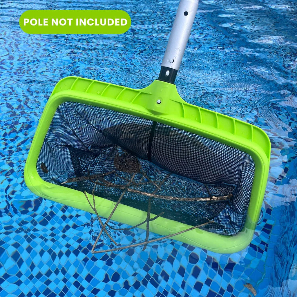 Green pool leaf skimmer net attached to a silver pole with double-layer black mesh.