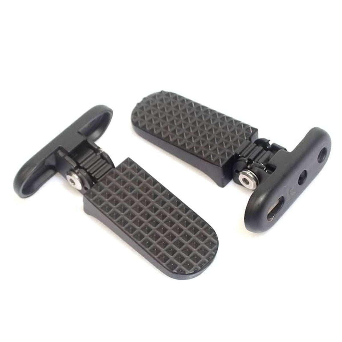 Folded/hinged rear passenger foot pegs with textured rubber tread