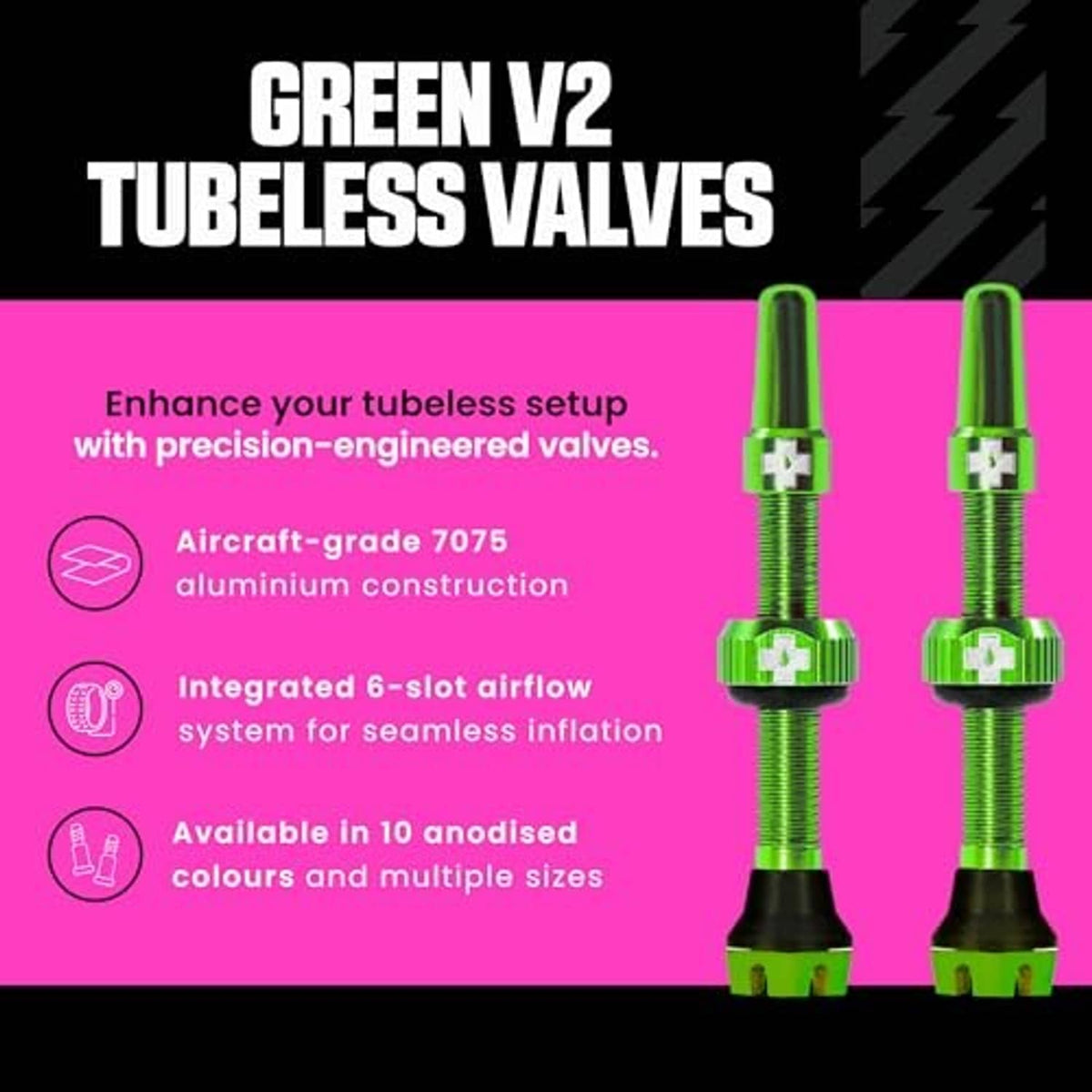 Green V2 tubeless Presta valves, aircraft aluminum, shown with two valve units