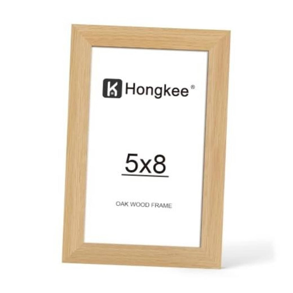 Natural oak wood picture frame with clear real glass, front view, 5x8 opening