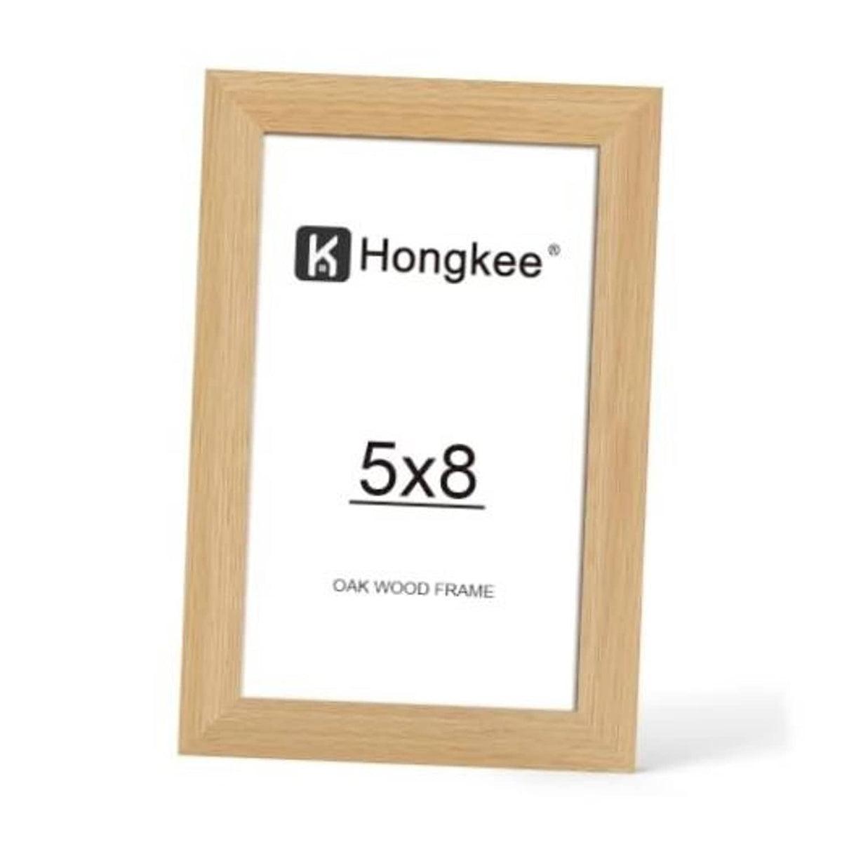 Natural oak wood picture frame with clear real glass, front view, 5x8 opening