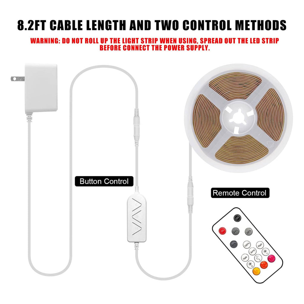 COB LED strip light kit with controller remote and connector cable, warm light