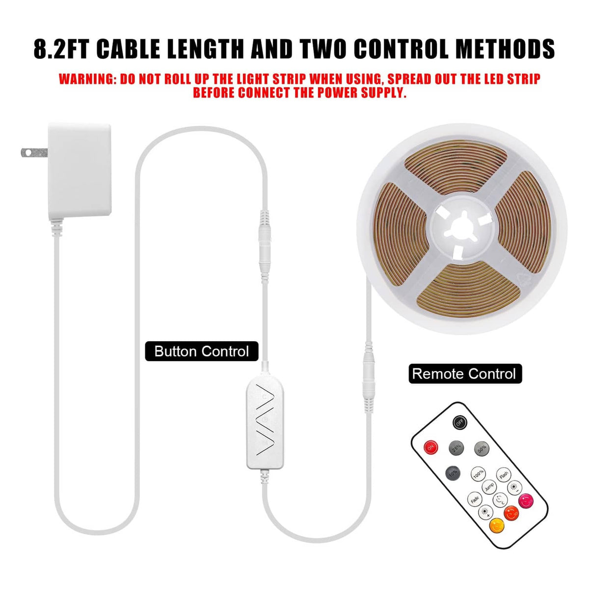 COB LED strip light kit with controller remote and connector cable, warm light
