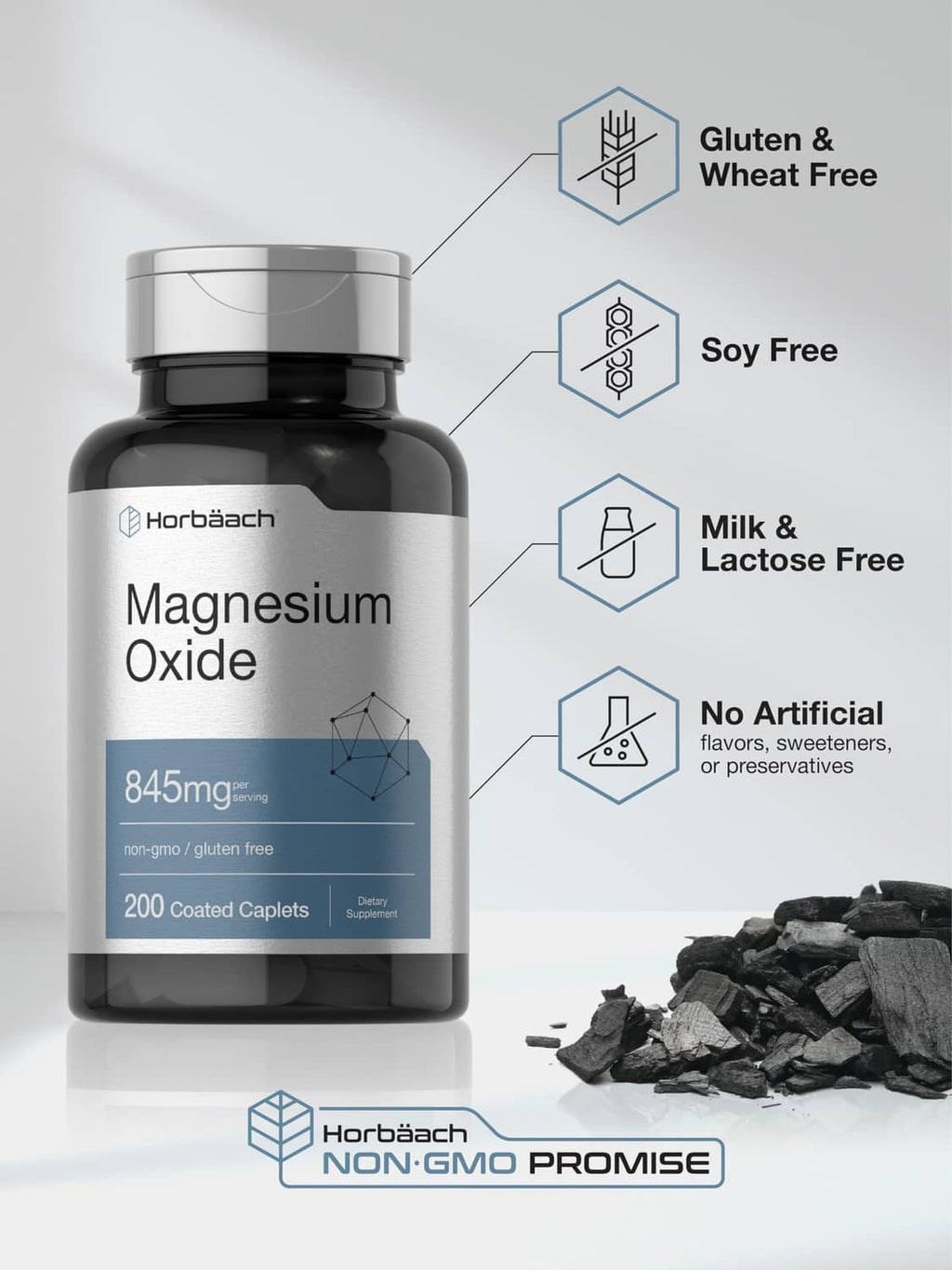 Magnesium oxide supplement bottle with gluten-free, soy-free, milk-free, and no artificial icons