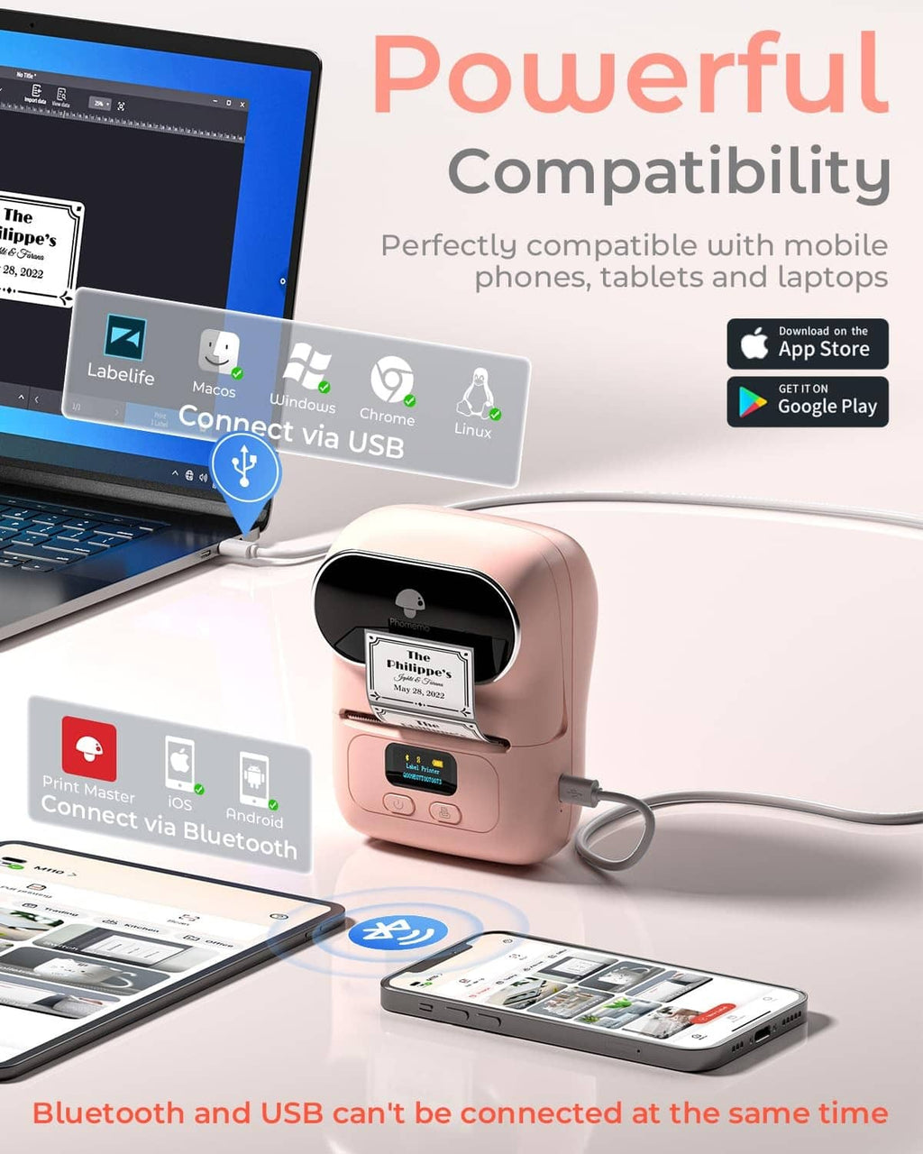 Pink portable thermal label printer with USB connection and Bluetooth indicators.